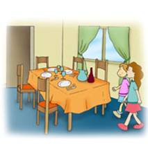 two children walking up to a dining table with plates on it